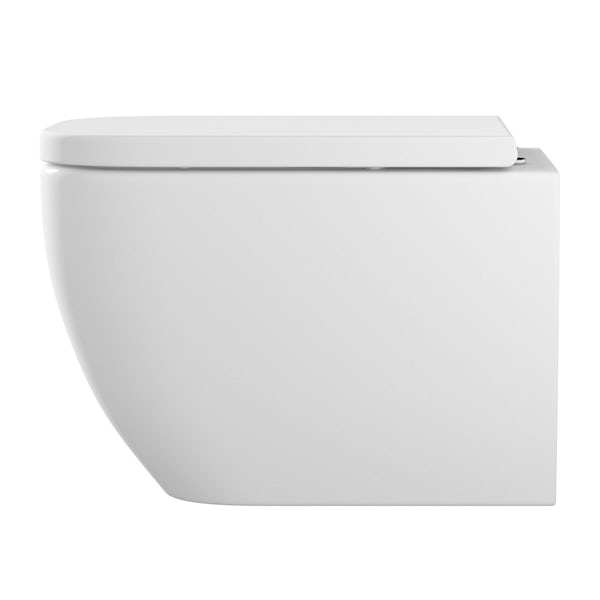 Mode Ellis short projection wall hung toilet with soft close seat and wall mounting frame with push plate cistern