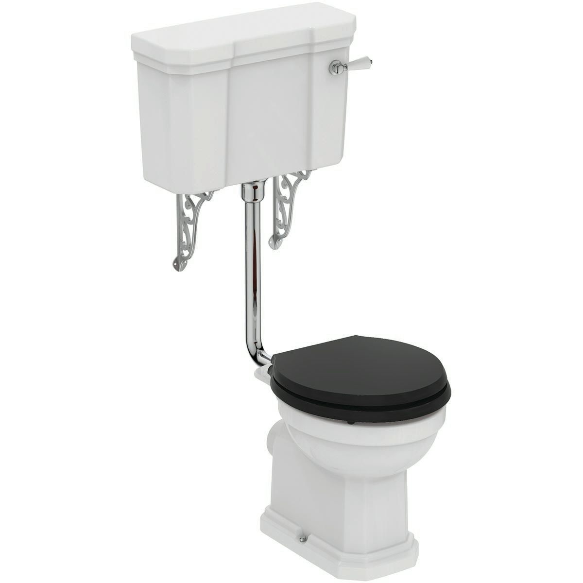 Ideal Standard Waverley low level toilet with ornate brackets and black toilet seat