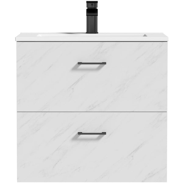 Orchard Lea marble wall hung vanity unit with black handle and ceramic basin 600mm