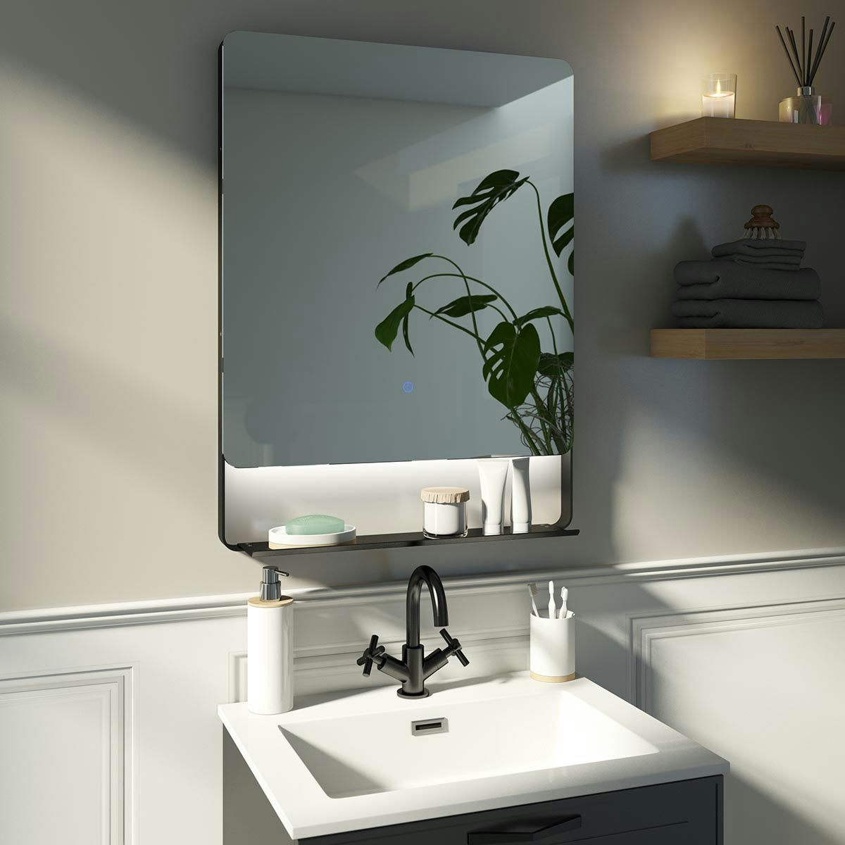 Black vanity deals mirror with storage