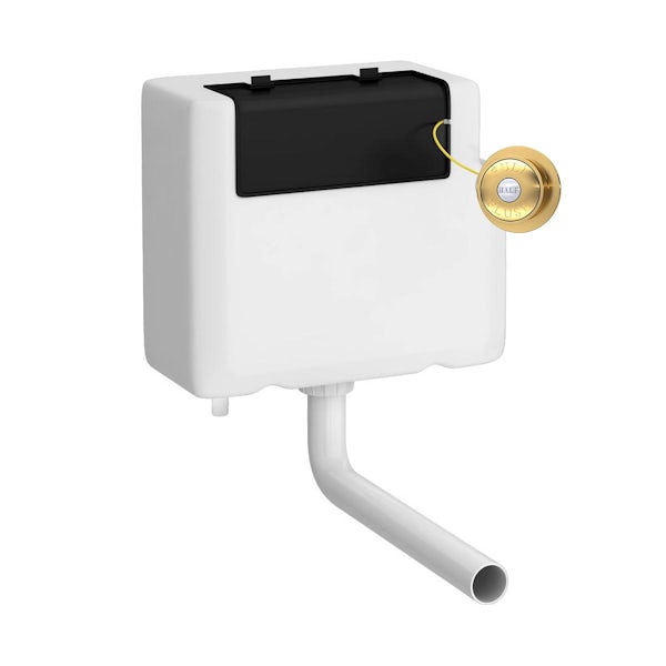 The Bath Co. concealed cistern with brushed brass button and bottom inlet