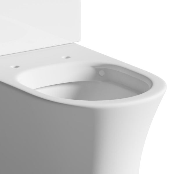 Mode Hardy rimless wall hung toilet with soft close seat and wall mounting frame with push plate cistern