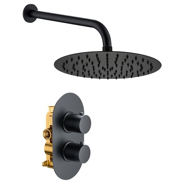 Orchard bathrooms matt black round wall shower and thermostatic twin valve set