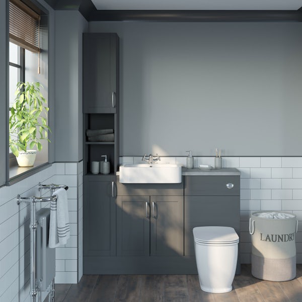 The Bath Co. Newbury dusk grey tall fitted furniture combination with pebble grey worktop
