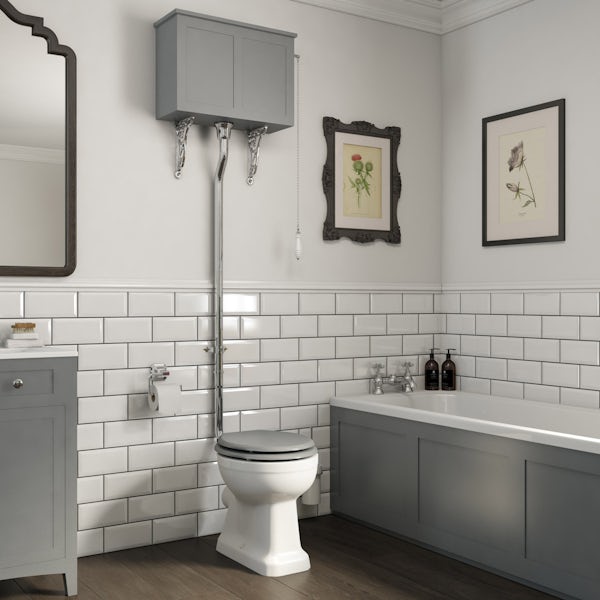 The Bath Co. Camberley high level toilet with grey toilet box and seat