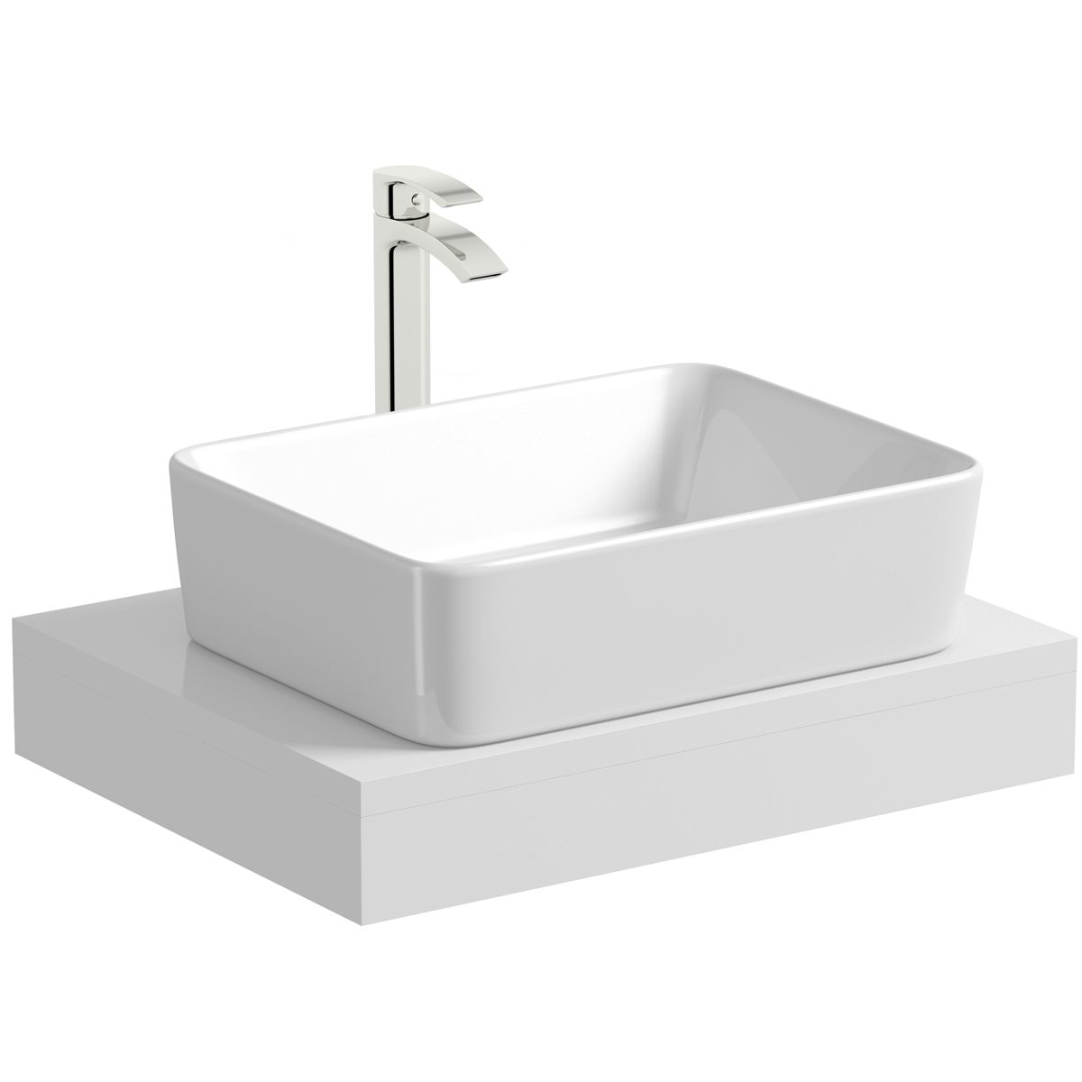 Mode Orion white countertop shelf 600mm with Ellis countertop basin, tap and waste
