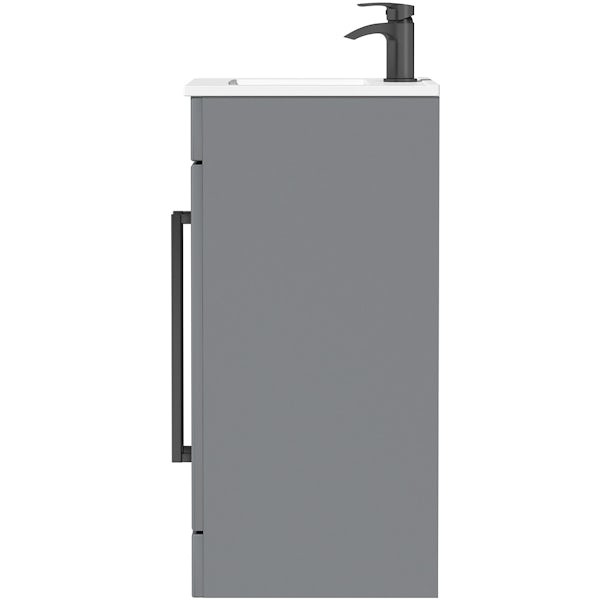 Orchard Derwent stone grey floorstanding vanity door unit with black handle and ceramic basin 600mm