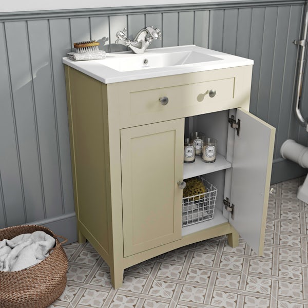 The Bath Co. Camberley satin ivory vanity unit with basin 600mm with mirror cabinet