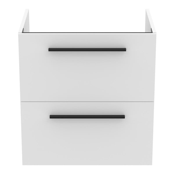 Ideal Standard i.life A matt white wall hung vanity unit with 2 drawers and black handles 640mm