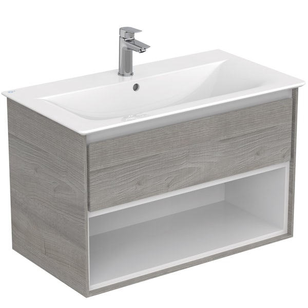 Ideal Standard Concept Air wood light grey and matt white open wall hung vanity unit and basin 800mm