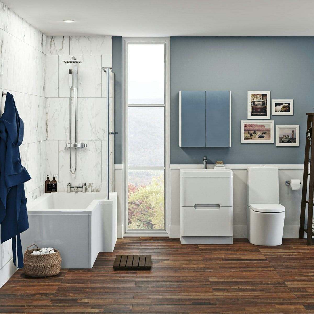 Mode Ellis bathroom suite with right handed shower bath with white drawer unit 800mm