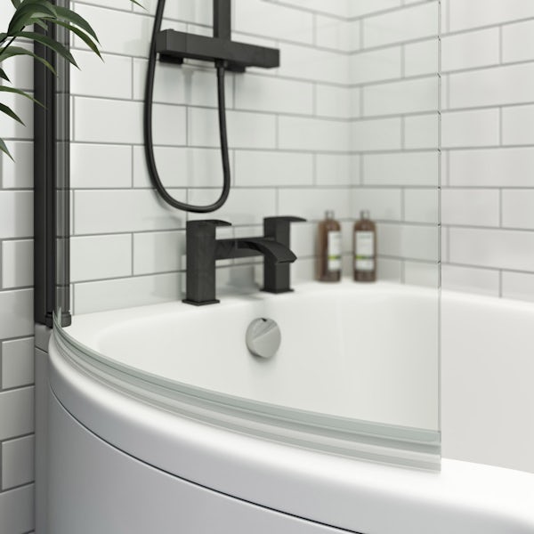Orchard P shaped left handed shower bath with 6mm matt black shower screen 1500 x 850