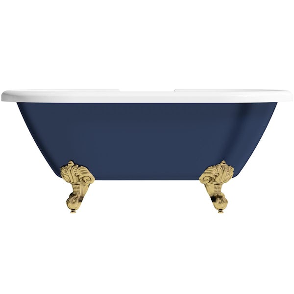 Orchard Dulwich navy double ended roll top bath with brushed brass ball and claw feet