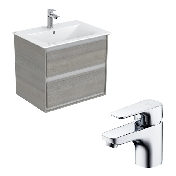 Ideal Standard Concept Air wood light grey and matt white wall hung vanity unit and basin 600mm with free tap