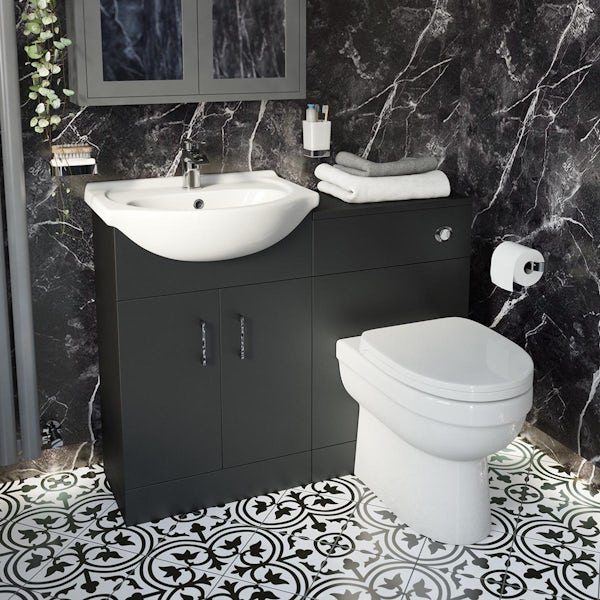 Orchard Lea soft black furniture combination with black handle and Eden back to wall toilet with seat