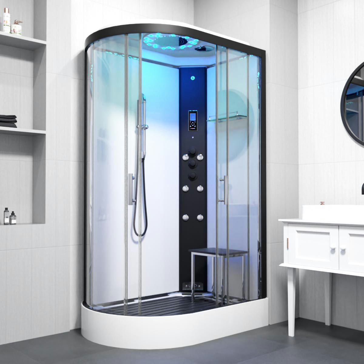 Insignia Monochrome offset right handed steam shower cabin 1200 x 800