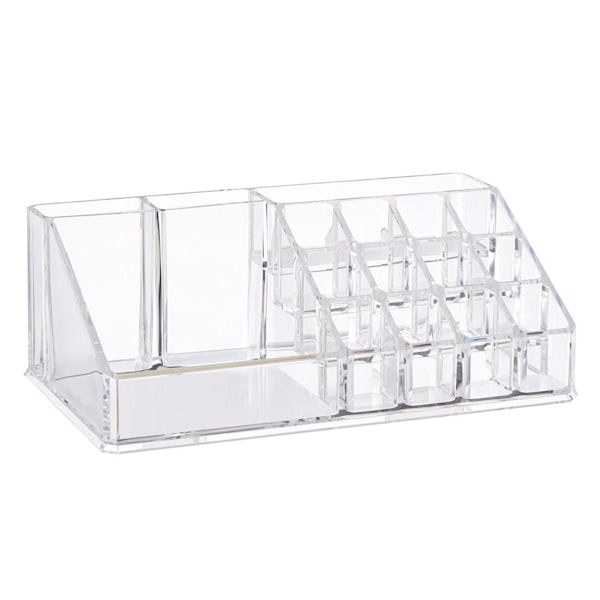 Clear cosmetic organiser with 16 compartments