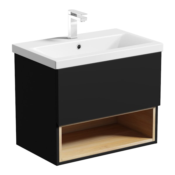 Mode Tate anthracite black & oak wall hung vanity unit with basin 600mm