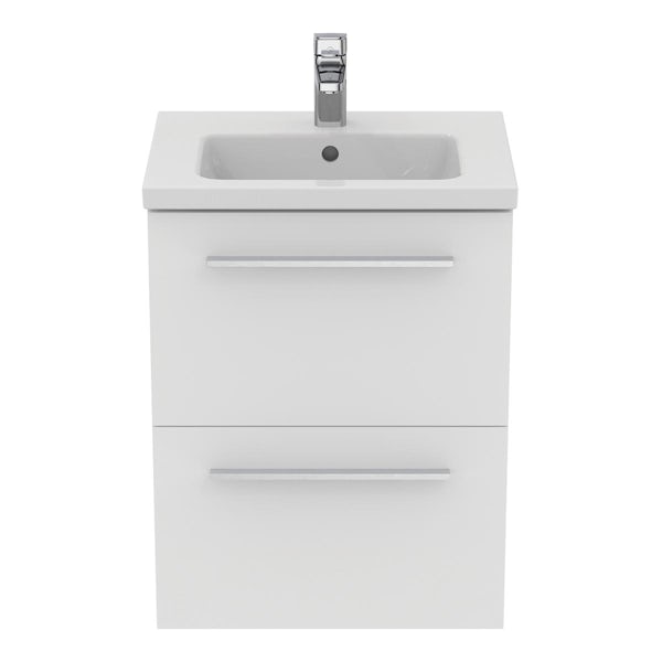 Ideal Standard i.life S matt white wall hung vanity unit with 2 drawers and brushed chrome handles 500mm