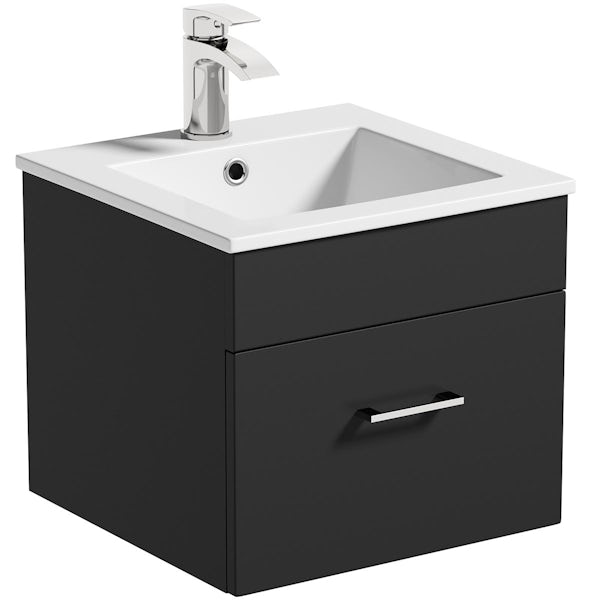 Orchard Lea soft black wall hung vanity unit 420mm and Derwent square close coupled toilet suite