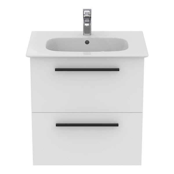 Ideal Standard i.life A matt white wall hung vanity unit with 2 drawers and black handles 640mm