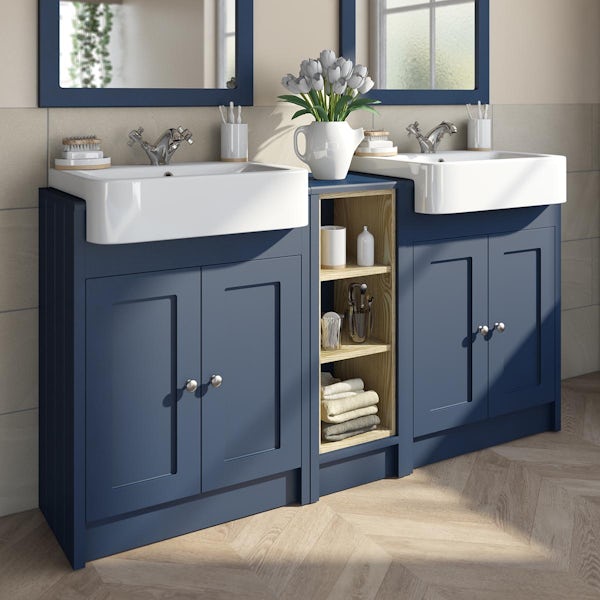 Orchard Dulwich matt navy floorstanding double vanity unit and basin with open storage combination