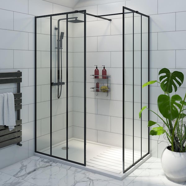 Mode 8mm black framed rectangle pattern walk in shower enclosure with tray