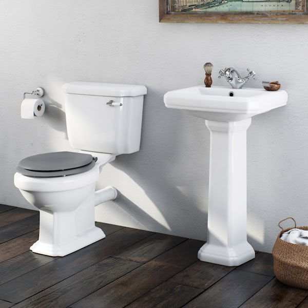 The Bath Co. Dulwich cloakroom suite with grey seat and full pedestal basin 571mm