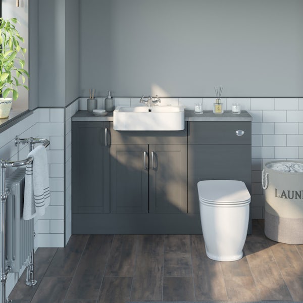The Bath Co. Newbury dusk grey small fitted furniture combination with pebble grey worktop