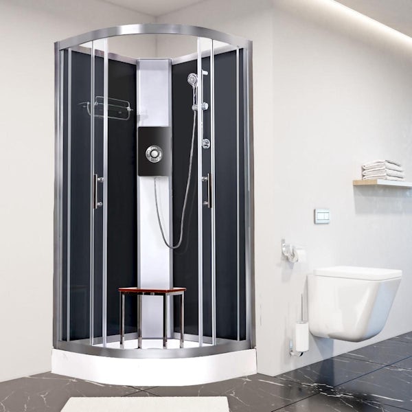 Vidalux Pure E quadrant electric shower cabin with black back panels and shower