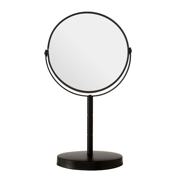 Black small freestanding vanity mirror with 2x magnification