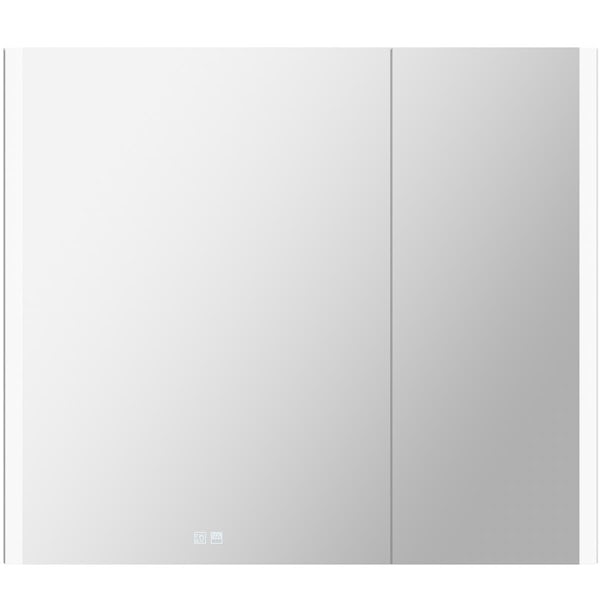 Mode Hughes black LED illuminated mirror cabinet 700 x 800mm with demister, charging socket & bluetooth speakers