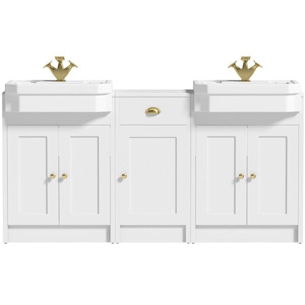 Orchard Dulwich matt white floorstanding double vanity unit and Eton basin with storage combination - brushed brass