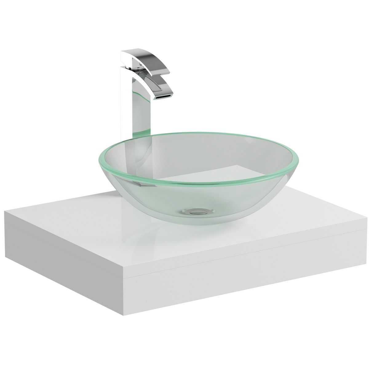 Mode Orion white countertop shelf 600mm with Mackintosh glass countertop basin, tap and waste