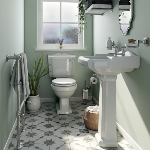 Orchard Winchester cloakroom suite with white seat and full pedestal basin 600mm