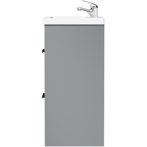 Clarity Compact white floorstanding vanity unit with black handle and basin 410mm