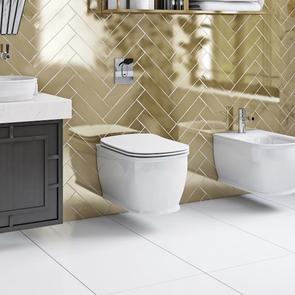 The Bath Co. Beaumont wall hung toilet with soft close seat, Grohe frame and Skate Cosmopolitan push plate