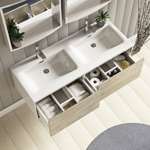 Mode Burton white & rustic oak wall hung double basin vanity unit 1200mm & storage set