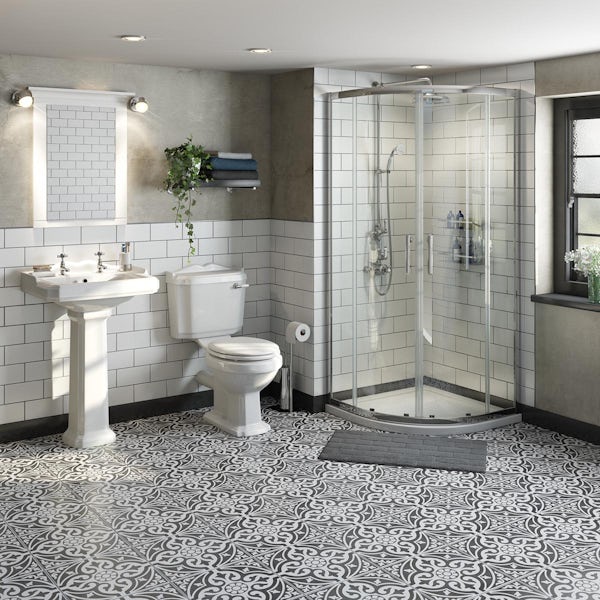 The Bath Co. Winchester ensuite suite with quadrant shower enclosure, tray and taps