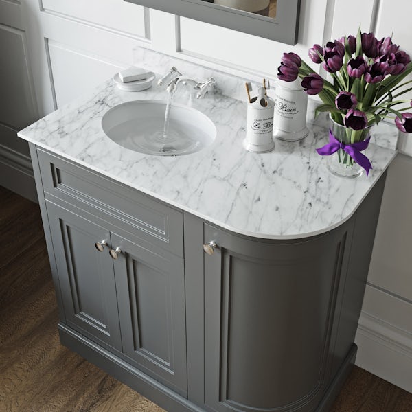 The Bath Co. Chartham slate matt grey right handed floorstanding vanity unit and white marble basin 900mm with tap