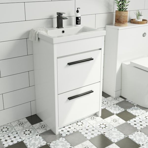 Clarity white floorstanding vanity unit with ceramic basin 510mm with tap and black handles