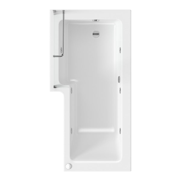 L shaped left handed 6 jet whirlpool shower bath with front panel and screen