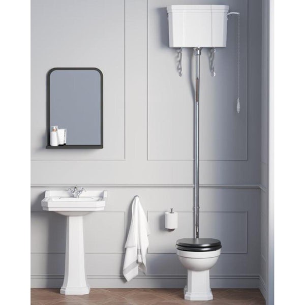 Ideal Standard Waverley high level toilet with black seat and 1 tap hole full pedestal basin