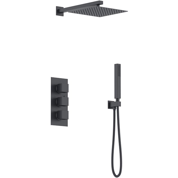 Orchard bathrooms matt black square ceiling shower, handset and thermostatic triple valve set