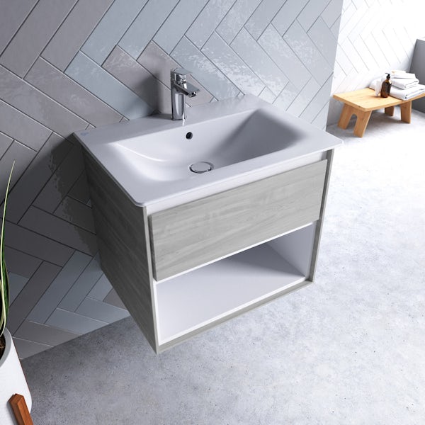 Ideal Standard Concept Air wood light grey and matt white open wall hung vanity unit and basin 600mm