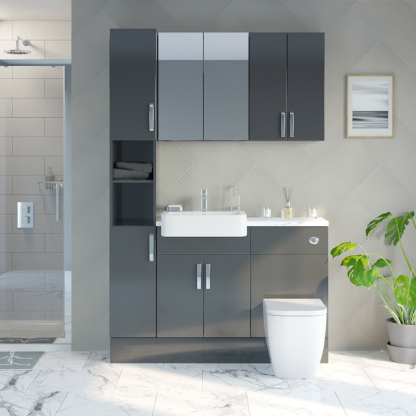 Mode Nouvel gloss grey tall fitted furniture & storage combination with white marble worktop