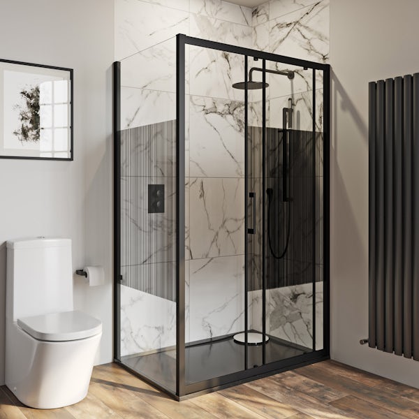 Mode 8mm matt black framed shower enclosure with barcode style modesty panel 1200 x 800mm