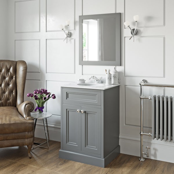 The Bath Co. Chartham slate grey floorstanding vanity unit and white marble basin 600mm with mirror