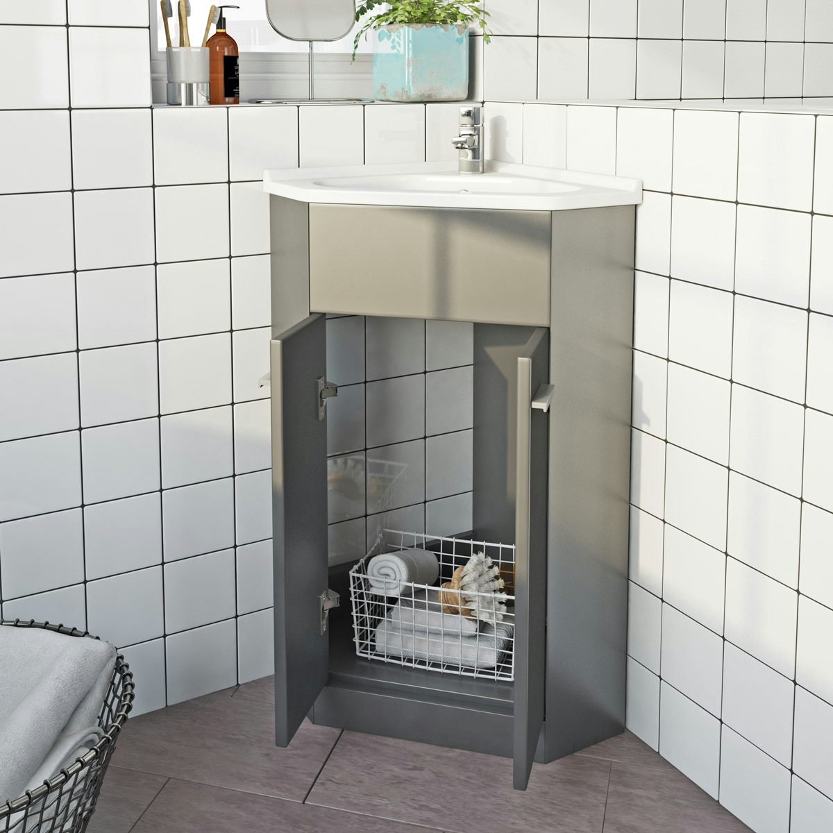 Grey corner on sale vanity unit