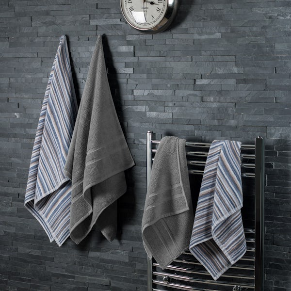 Mode Burton white heated towel rail 1000x450 with Silentnight Zero twist grey 4 piece towel bale